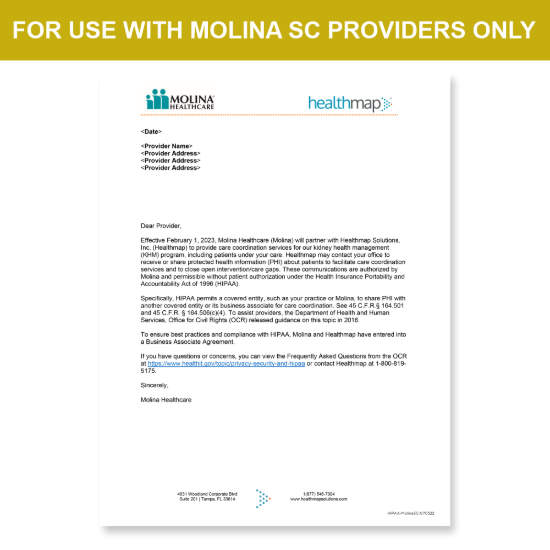 Picture of Molina SC Introduction HIPAA Consent Letter
