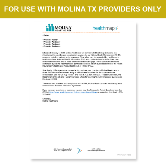 Picture of Molina TX Introduction HIPAA Consent Letter